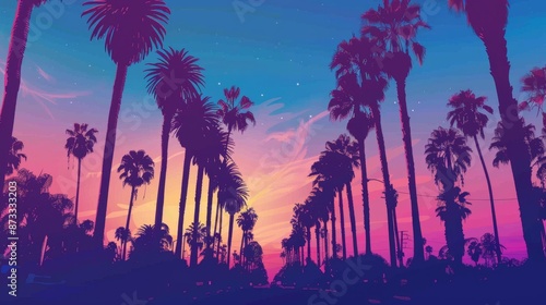 Vibrant Sunset Amidst Palm Trees Silhouette in Dreamy Landscape