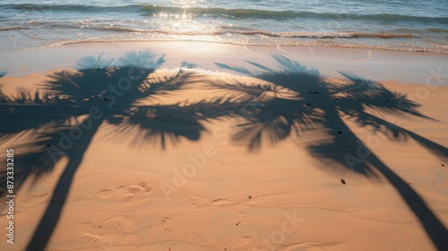Serene Beach Sunset with Palm Tree Shadows on Sand