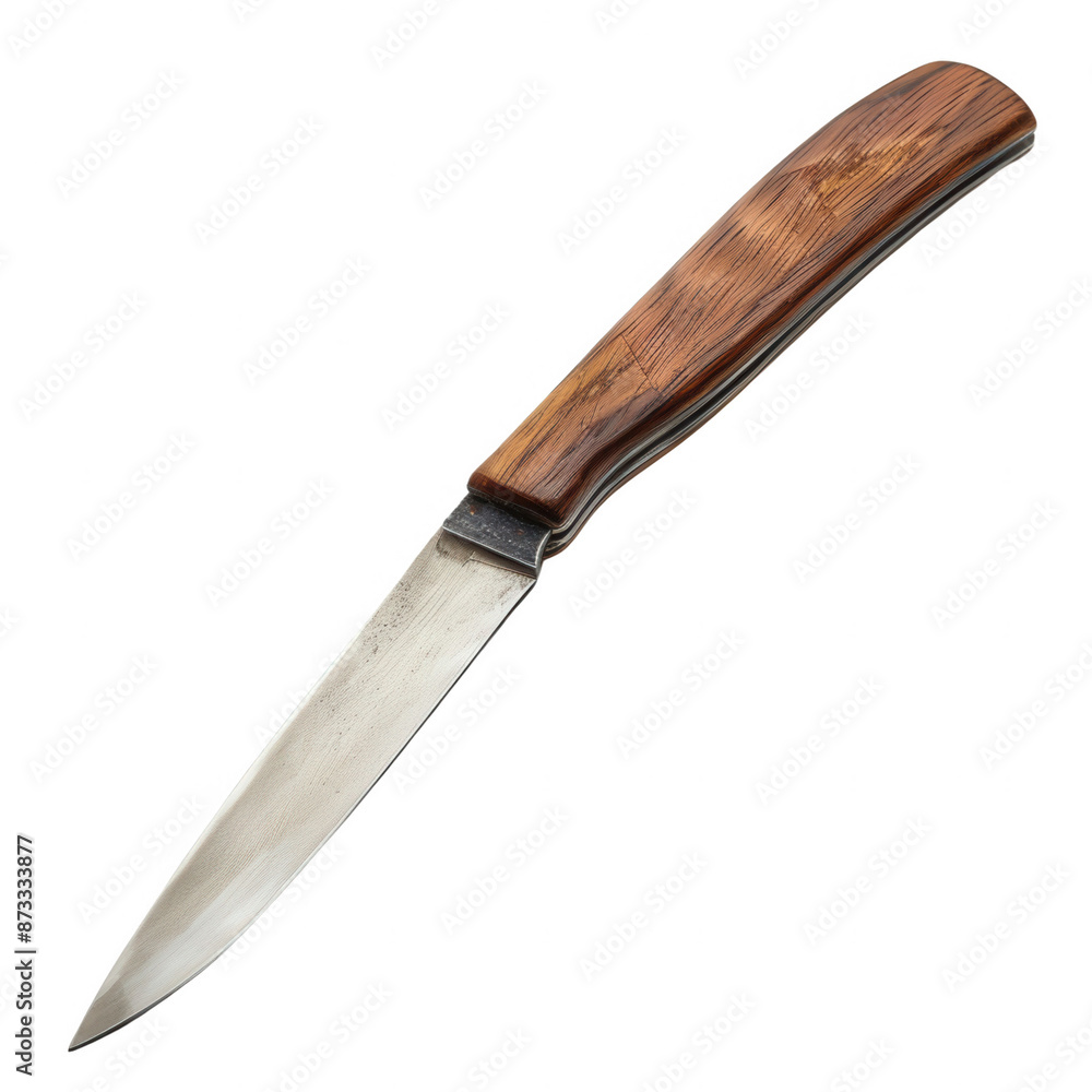 Close-up of a wooden-handled kitchen knife on a white background. Sharp blade with a rustic, handcrafted appearance. Perfect for cooking and food preparation. Close-up of a wooden-handled kitchen knife on a white background. Sharp blade with a rustic, handcrafted appearance. Perfect for cooking and food preparation.