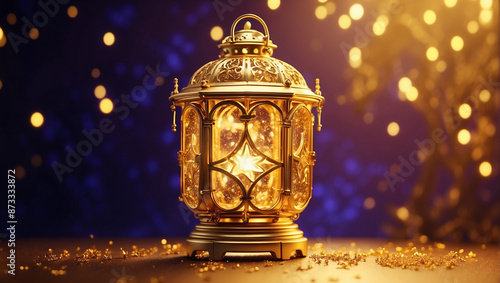 Islamic Eid Ul Adha celebration lantern with some star gold color background photo