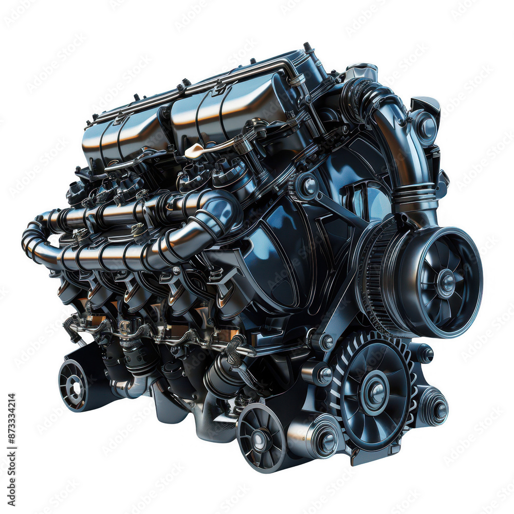 High-tech metallic V8 engine model isolated on white background, showcasing intricate automobile engineering and mechanical details. High-tech metallic V8 engine model isolated on white background, showcasing intricate automobile engineering and mechanical details.