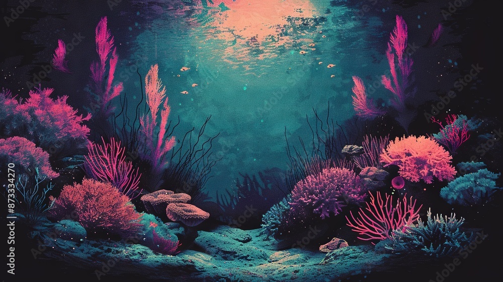 Fototapeta premium An underwater painting featuring vibrant corals, seaweed at the ocean floor, and a starfish gracefully resting atop the seabed