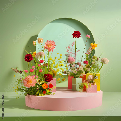 Amidst a tranquil garden, a symphony of tulips dances in the gentle breeze, their vibrant hues of pink, purple, red, and white painting a picturesque scene of springtime bliss.