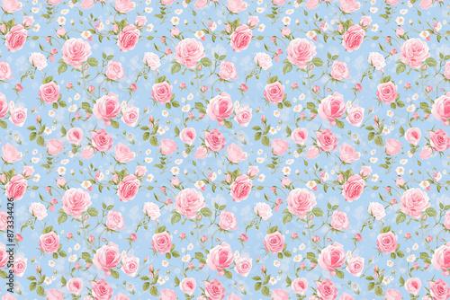 This seamless pattern presents pink roses and small white flowers with green leaves on a blue background, giving a sweet and charming feel.