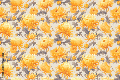 Seamless pattern featuring yellow chrysanthemums on a beige background. Ideal for warm and elegant designs.