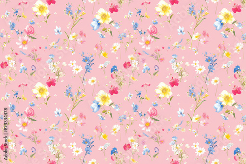 Seamless pattern featuring a variety of colorful flowers including yellow, pink, blue, and white blossoms on a soft pink background. Perfect for spring and summer designs.