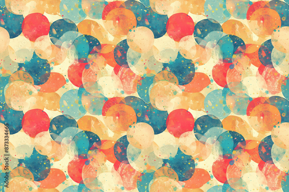 A seamless pattern of colorful circles and splashes in red, blue, yellow, and orange on a light background. The design is playful and vibrant, ideal for a lively decor. A seamless pattern of colorful circles and splashes in red, blue, yellow, and orange on a light background. The design is playful and vibrant, ideal for a lively decor.