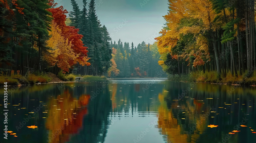 Naklejka premium A pond encircled by trees, their leaves strewn on the ground, is seen through its surface as well