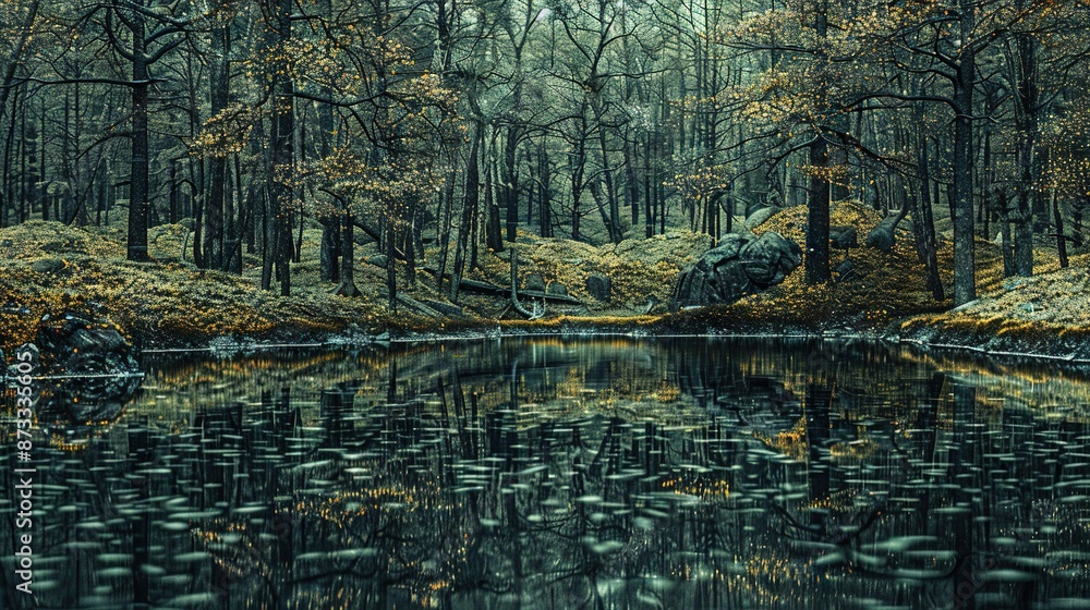 A forest painting filled with numerous trees, lush grass, and a serene body of water A forest painting filled with numerous trees, lush grass, and a serene body of water