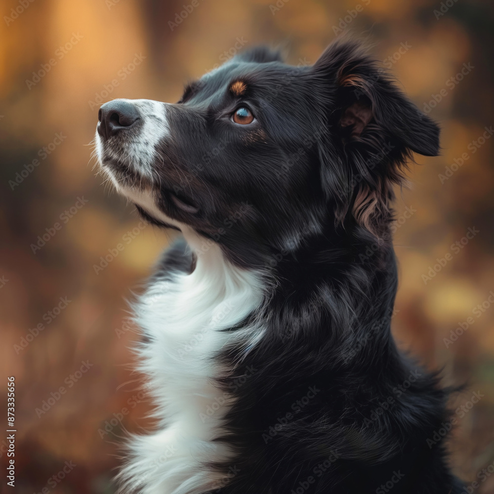 A black and white border collie dog looking attentively upwards A black and white border collie dog looking attentively upwards