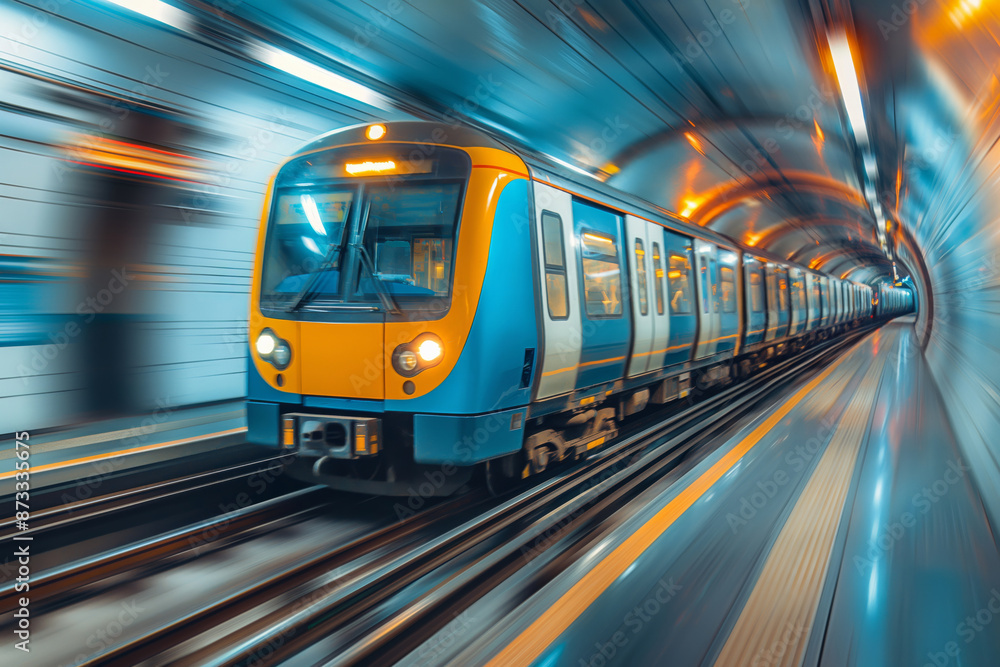 Fototapeta premium A modern high-speed train zooms through an underground tunnel, highlighting advanced public transportation with a sleek and futuristic design. The lighting adds to the sense of speed and motion.