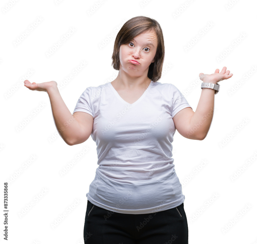 Young adult woman with down syndrome over isolated background clueless and confused expression with arms and hands raised. Doubt concept. Young adult woman with down syndrome over isolated background clueless and confused expression with arms and hands raised. Doubt concept.