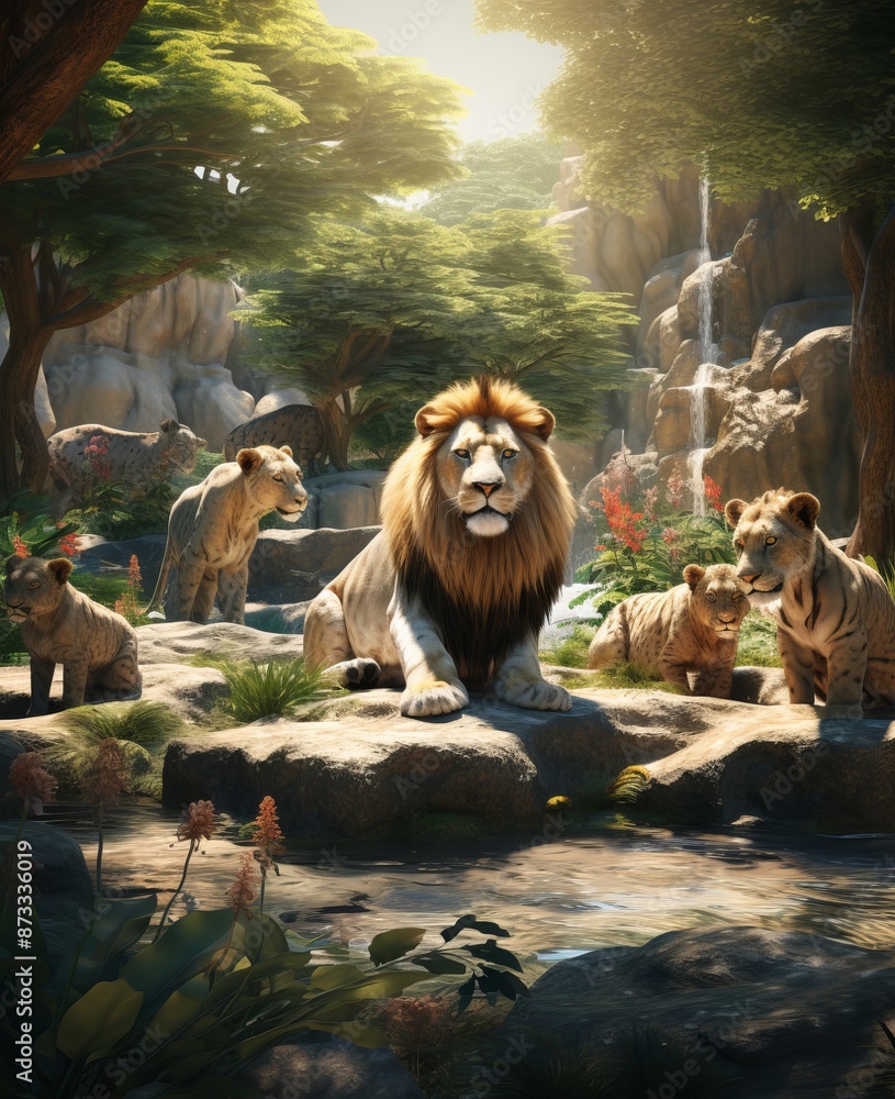 Naklejka premium Majestic Lion Family in Sunlit Forest