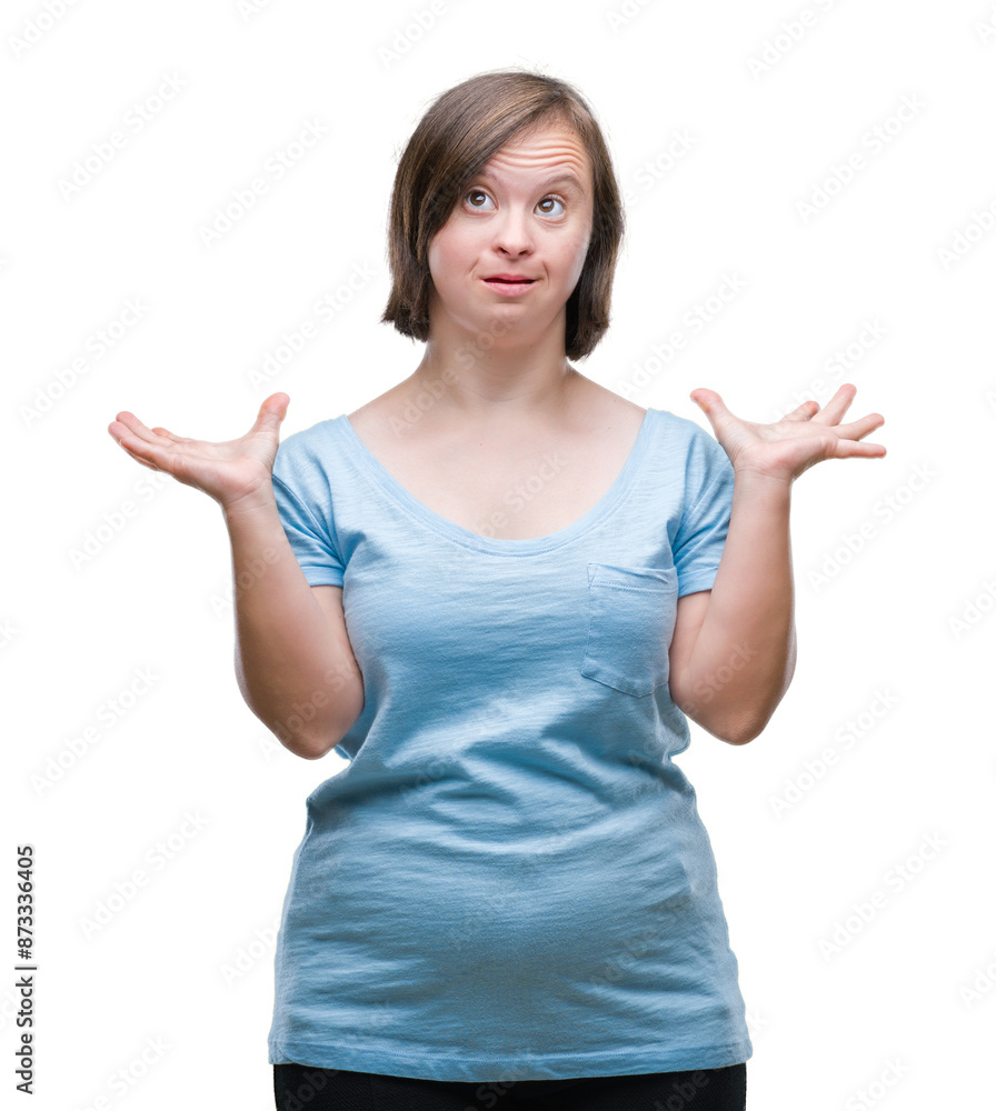 Young adult woman with down syndrome over isolated background celebrating crazy and amazed for success with arms raised and open eyes screaming excited. Winner concept Young adult woman with down syndrome over isolated background celebrating crazy and amazed for success with arms raised and open eyes screaming excited. Winner concept