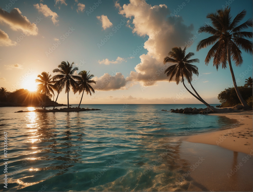 The sun is setting over the ocean with palm trees summer with a stunning background The sun is setting over the ocean with palm trees summer with a stunning background