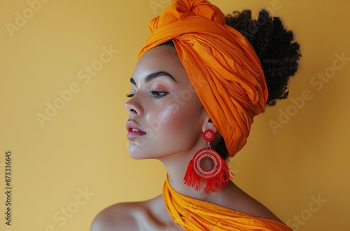Woman Wearing Orange Headscarf and Red Earrings Against a Yellow Background