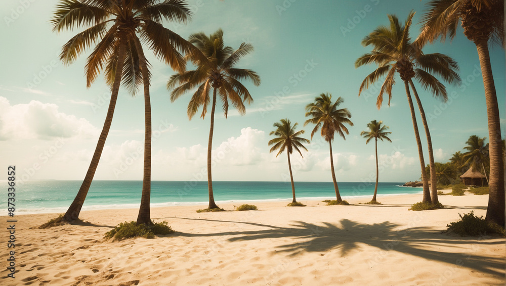 Sandy beach with palm trees and the ocean in the summer backgrounds Sandy beach with palm trees and the ocean in the summer backgrounds