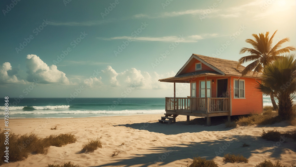 Fototapeta premium Summer backgrounds with small house and palm trees on the sandy beach 