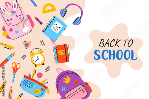 Back to school background. Collection of supplies with calligraphy for children. Cute colorful vector illustration
