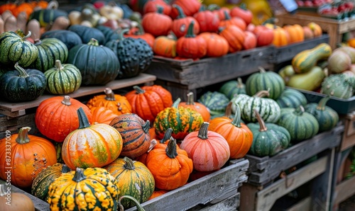 Colorful pumpkins and gourds on autumn market. Autumn background, Generative AI