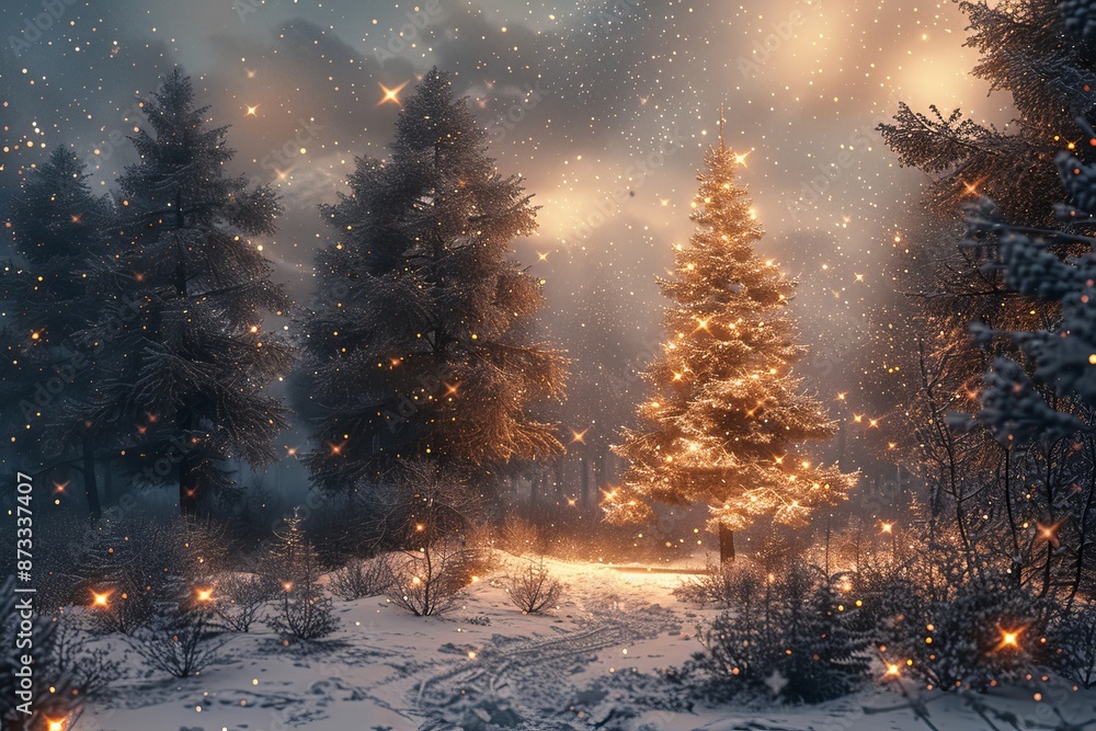 Christmas tree in the winter forest. 3D illustration. Festive background. Christmas background with christmas tree, snow and stars. Beautiful christmas, Generative AI Christmas tree in the winter forest. 3D illustration. Festive background. Christmas background with christmas tree, snow and stars. Beautiful christmas, Generative AI