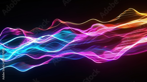 An abstract background featuring undulating layers of light, representing a digital signal pulse in vibrant neon colors against a black backdrop.