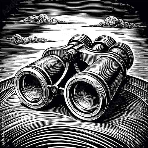 Detailed binoculars resting on a surface, with a textured sky and distant clouds.