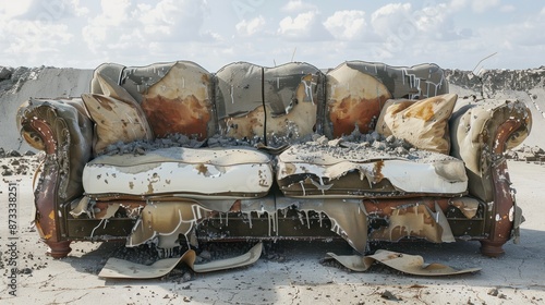 Severely damaged couch with blank area photo