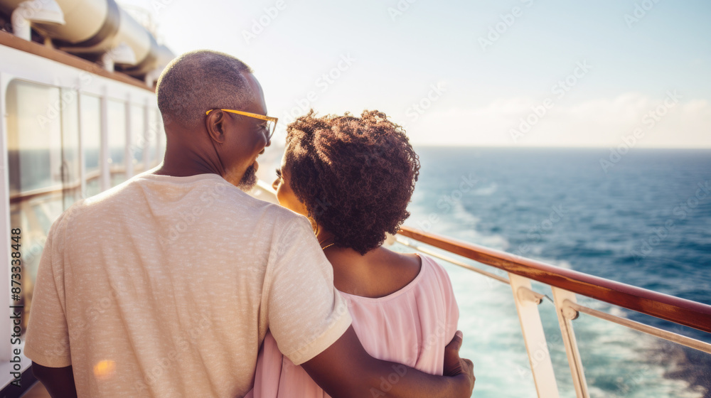 Mature african american couple on cruise ship enjoying the ocean view, copy space Mature african american couple on cruise ship enjoying the ocean view, copy space