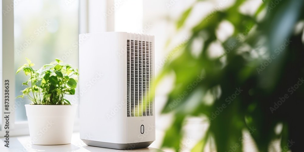 Modern air conditioner on the windowsill with green houseplants Modern air conditioner on the windowsill with green houseplants
