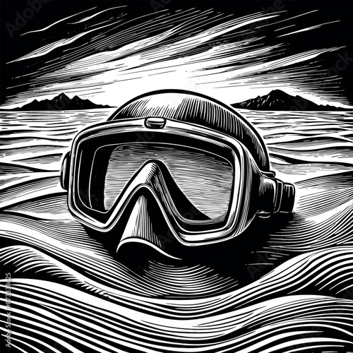 Detailed sketch of a snorkel mask in the sea, highlighting the rippling water and distant peaks.