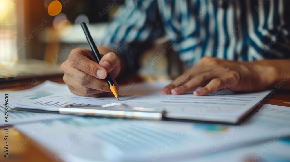 Hands writing notes on printed reports, Hands writing notes on printed reports,