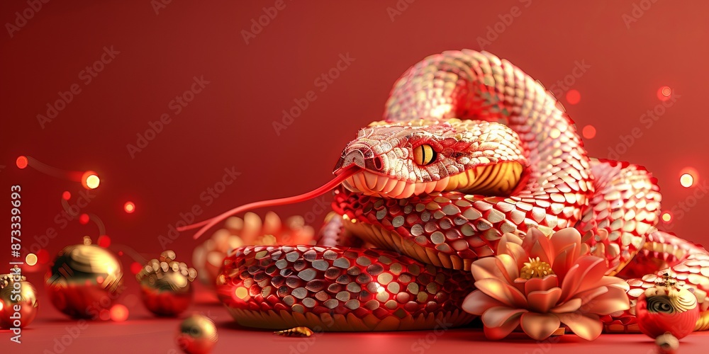 Naklejka premium Enigmatic Red Serpent Illuminating the Floral Glow in Mesmerizing Composition