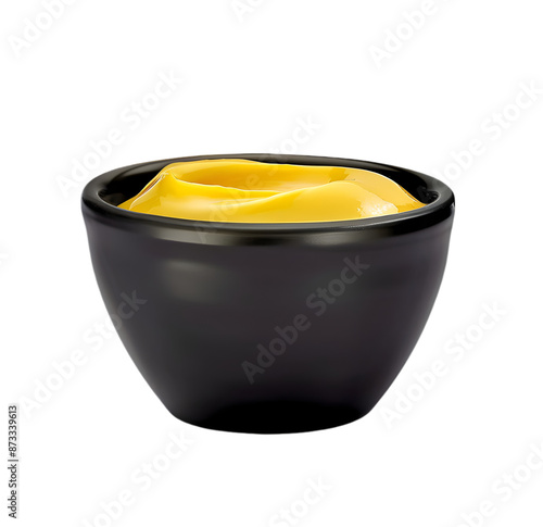 A small black container with mustard in it, Front view