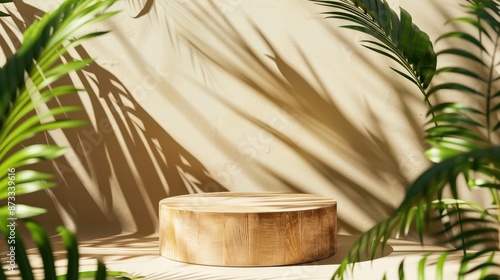 Wooden pedestal surrounded by tropical green leaves casting shadows on a beige background. Perfect for product display, mockups, and natural-themed presentations. © Business Pics