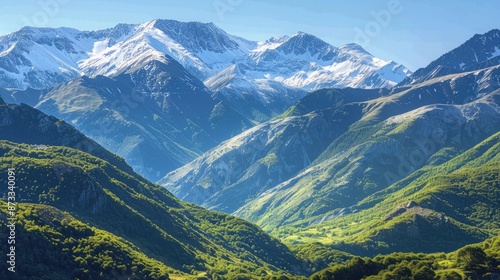 A majestic mountain range with snow-capped peaks and lush green valleys, under a clear, blue sky.