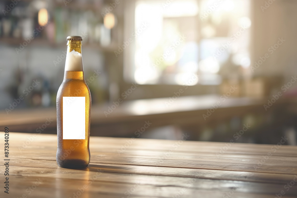 Chilled beer bottle with blank label on wooden table in sunlit bar. Scene captures refreshing and inviting atmosphere Chilled beer bottle with blank label on wooden table in sunlit bar. Scene captures refreshing and inviting atmosphere