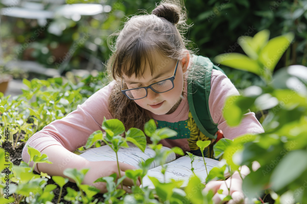 Girl with Down syndrome reading book among plants in a garden. Her focused expression and natural surroundings create a serene and educational atmosphere Girl with Down syndrome reading book among plants in a garden. Her focused expression and natural surroundings create a serene and educational atmosphere