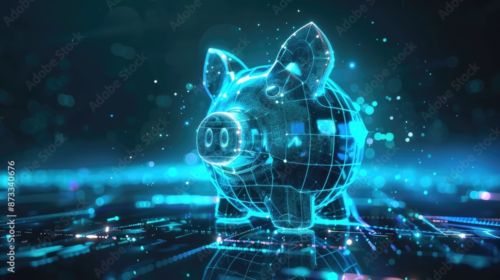 Futuristic digital representation of a piggy bank, glowing in blue neon, symbolizes online banking and financial technology advancements. Futuristic digital representation of a piggy bank, glowing in blue neon, symbolizes online banking and financial technology advancements.