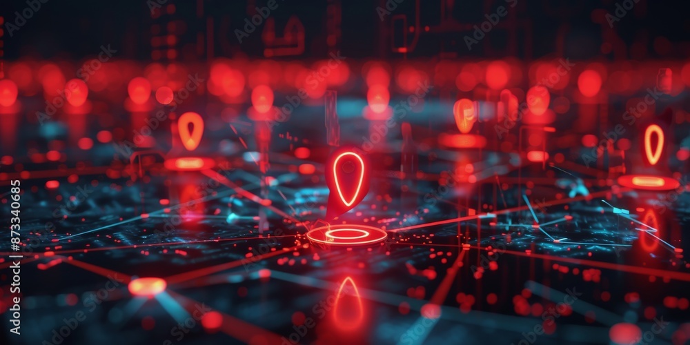 Red Neon Location Pin On Abstract Digital Network Background Red Neon Location Pin On Abstract Digital Network Background