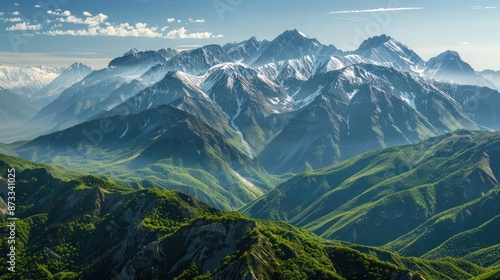 A majestic mountain range with snow-capped peaks and lush green valleys, under a clear, blue sky.