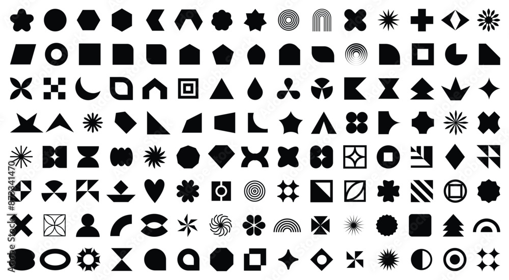 Abstract geometric and basic shapes collection.  Minimalist basic figure, Polygonal elements. Trendy diamond, circles, hexagon, star, triangle flat style. Set of simple geometric figures.