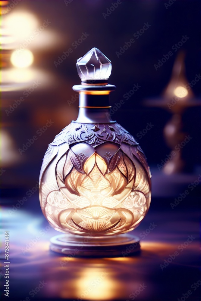 Enchanted elegance: a majestic, intricate bottle glowing with illuminated liquid. Enchanted elegance: a majestic, intricate bottle glowing with illuminated liquid.