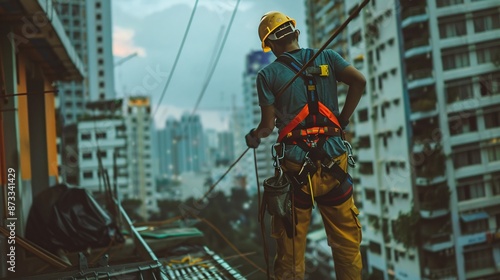 A construction worker wearing a safety harness and safety line while working at a high place