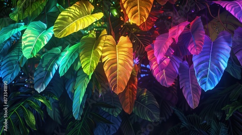 Fototapeta Naklejka Na Ścianę i Meble -  A canopy of tropical leaves in a neon rainbow spectrum, each leaf glowing in a different hue against a dark, night-time jungle backdrop.