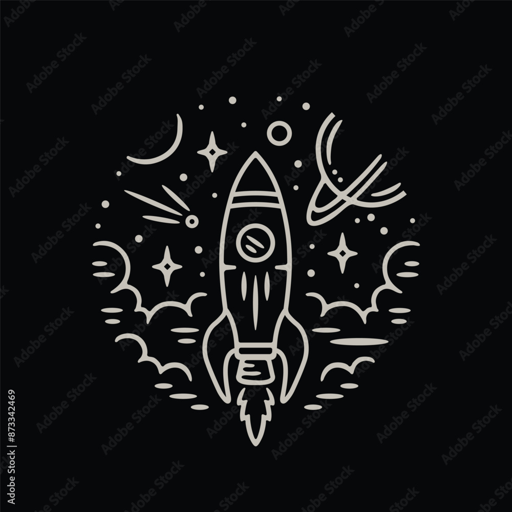 rockets in space with a modern, fun, and childish line art style, can also be applied to tattoo designs