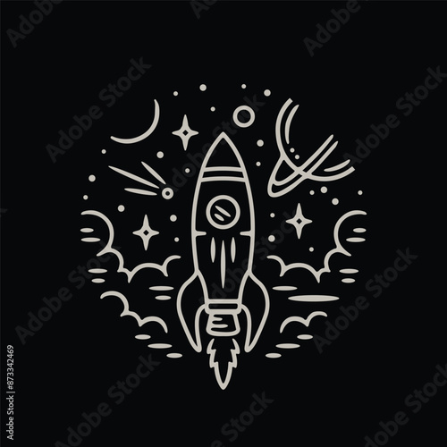 Obraz na płótnie rockets in space with a modern, fun, and childish line art style, can also be applied to tattoo designs w salonie