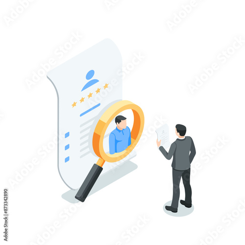 isometric vector business man studying a job candidate's application form, in color on a white background, recruiting or employee search