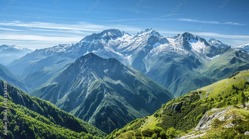 A majestic mountain range with snow-capped peaks and lush green valleys, under a clear, blue sky. A majestic mountain range with snow-capped peaks and lush green valleys, under a clear, blue sky.