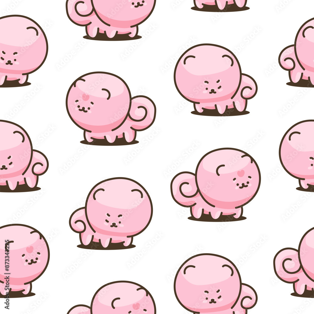 Cute kawaii pomeranian dog. Seamless pattern. Cartoon character. Vector drawing. Design ornaments. Cute kawaii pomeranian dog. Seamless pattern. Cartoon character. Vector drawing. Design ornaments.